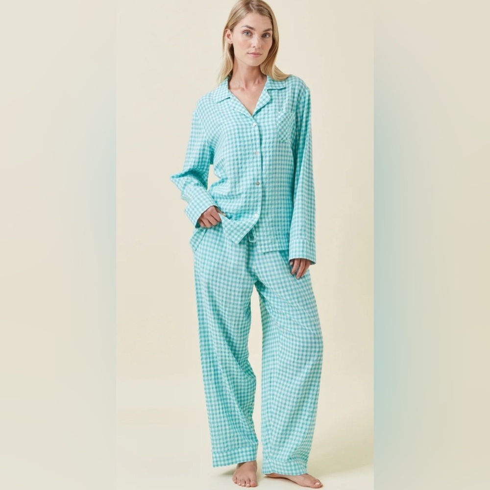 Papinelle Seersucker Gingham Full Length PJ Set. Turquoise. Women’s XXL.